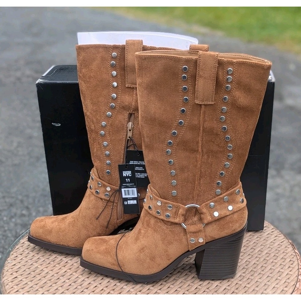Boho Festival Western Studded Cowboy Boots  Brown Suede Look 11 NWT Madden NYC